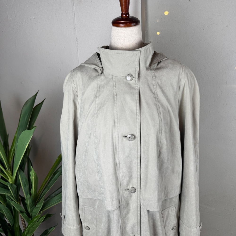 Vintage Beige Hooded Trench Coat Longline Belted Oversized Raincoat Womens 14P - Picture 10 of 12